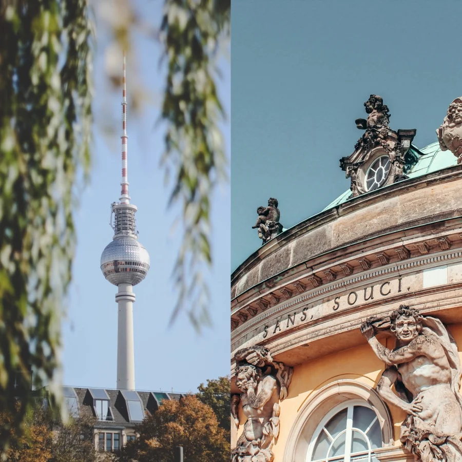 Collage Berlin Fernsehturm und Schloss Sanssouci, Wein Compagny Berlin | Drinkport